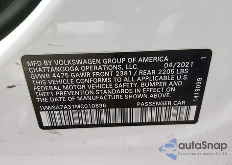 2021 Volkswagen Passat 2.0T Se из США, поврежденный, VIN 1VWSA7A31MC010836